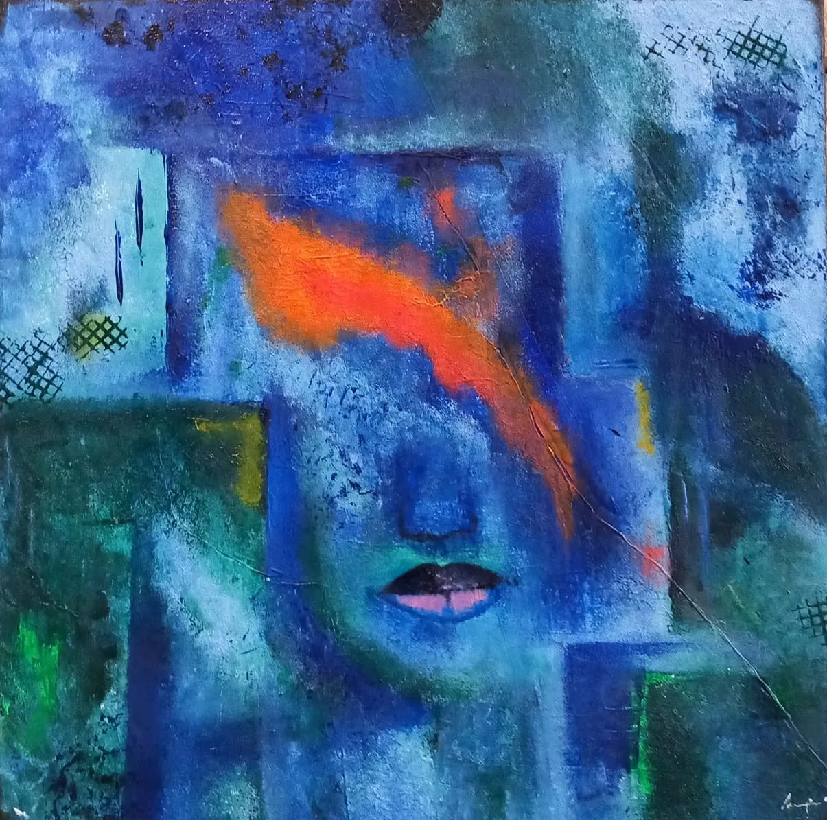 A face emerging from blue and orange abstract shapes
