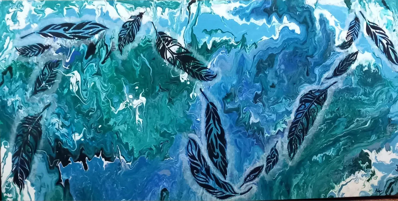 Teal feathers on a deep blue ground