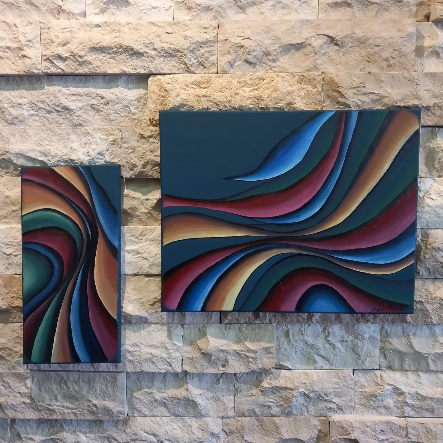 Two panels of flowing coloured lines