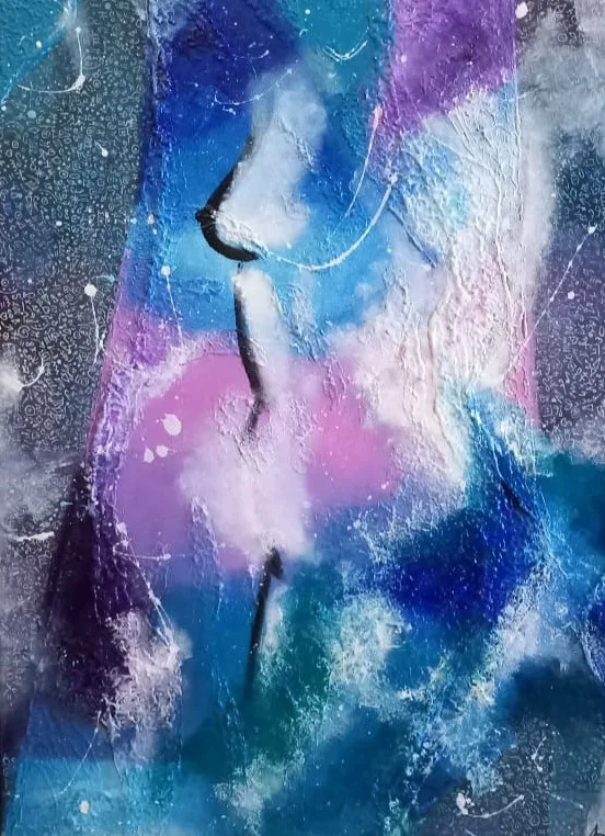 A woman's silhouette in purple, pink and blue